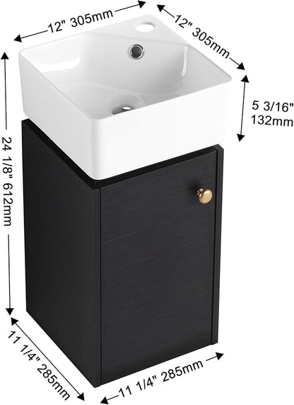 SSLine Modern 12" Floating Bathroom Vanity with Sink Wall Mounted Small Bathroom Vanity Cabinet with Top Basin Square Wood Bath Vanities w/Ceramic Sink for Small Space(Black Chestnut&Gold)