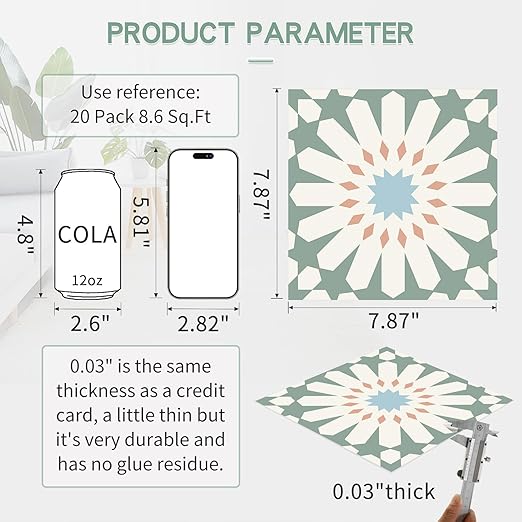 MORCART 20PCS 7.87" x 7.87" Peel and Stick Floor Tile, DIY Vinyl Flooring | Green and White Floral Look, Self-Adhesive, Removable and Waterproof Tile Sticker for Bathroom, Kitchen, Wall, Stairs