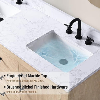 Vanity Art 60 inch Double Sink Bathroom Vanity, Vanity Cabinet with Doors and Shelf, Modern Wood Bathroom Vanity with White Marble Top, Solid Wood Frame, 3 Functioning Drawers, VA70-60-DLW-E
