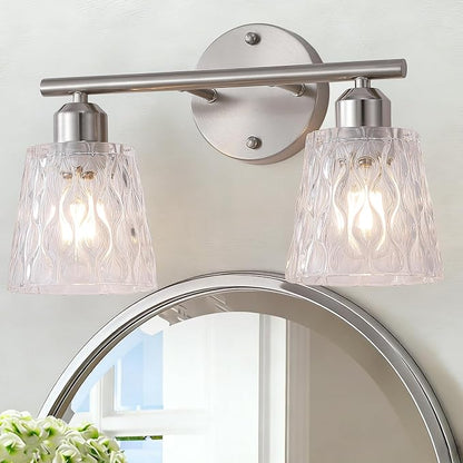 Brushed Nickel Bathroom Light Fixture, 2-Light Modern Vanity Light Over Mirror with Textured Glass Shades, Stainless Steel Construction, E26 Sockets (Bulbs Not Included)