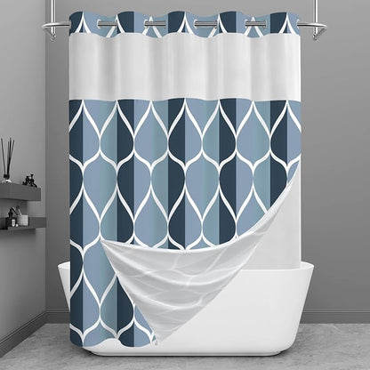 Gelbchu Aegean Blue No Hook Shower Curtain with Snap-in Liner, 71 x 80 Inch | Built-In Hooks, Mesh Top Window, Water-Repellent, Machine Washable, Quick Drying, Premium Polyester, Hotel Style, Modern