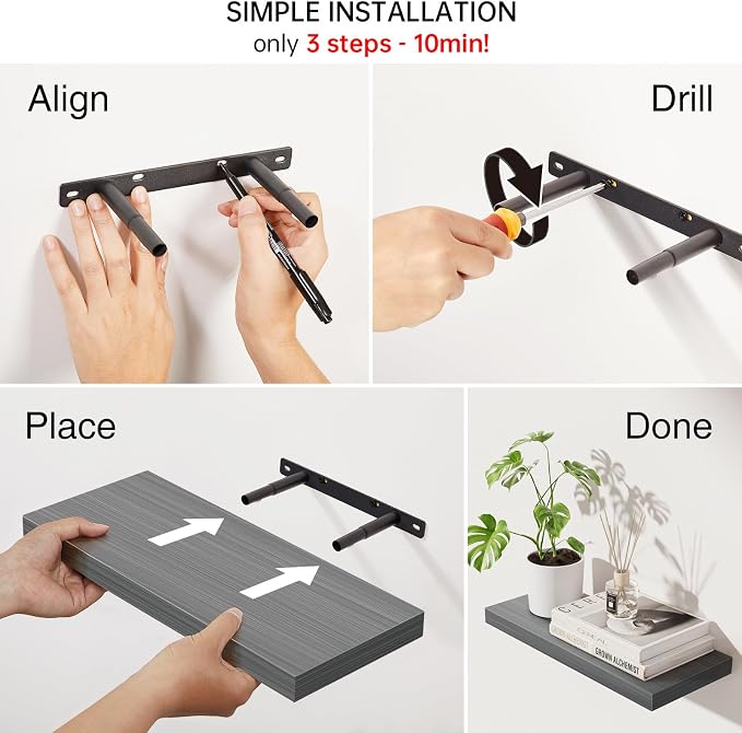 BAYKA Grey Floating Shelves 15.7in, Set of 3, Wall Mounted for Wall Decor | Easy Install, 22lbs Max Load, Hidden Bracket, Shelving for Bathroom Bedroom Kitchen Display Storage, Multi-Wall Compatible