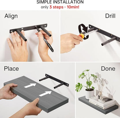 BAYKA Grey Floating Shelves 15.7in, Set of 3, Wall Mounted for Wall Decor | Easy Install, 22lbs Max Load, Hidden Bracket, Shelving for Bathroom Bedroom Kitchen Display Storage, Multi-Wall Compatible