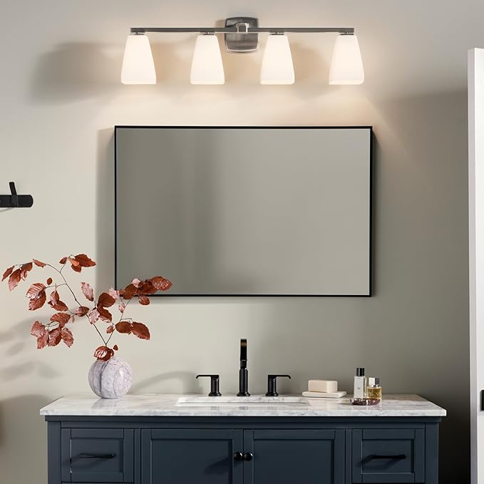 Kichler Marant 33.25" 4-Light Vanity Light with Opal Glass in Brushed Nickel, for Bathroom, Powder Room, Over a Mirror, (33.25" W x 9.5" H), 55217NI