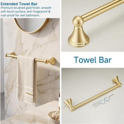 4-Piece Bathroom Hardware Accessories Kit, Zynuhmo Brushed Gold Towel Bar Set Wall Mounted with 20'' Towel Bar, Towel Ring & Toilet Paper Holder, Robe Hook Set Fixtures for Modern Farmhouse Bathroom