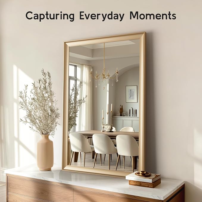 2 Pack Brushed Gold Bathroom Mirrors for Over Sink, 24x36 Inch | Champagne Gold Rectangle Vanity Mirror for Bedroom, Entryway, Living Room Decor, Aluminum Framed, Curved Wide Edge