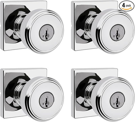 Kwikset Maven Entry Door Knob with Lock and Key, Secure Keyed Handle Exterior, Front Entrance and Bedroom, Polished Chrome, 4 Pack, Pick Resistant SmartKey Rekey Security