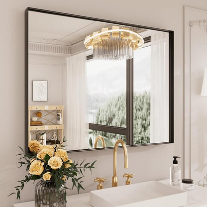 LOAAO Black Bathroom Mirror 30"X36" | Tempered Glass, Hangs Vertically or Horizontally, Easy to Install, Modern Design