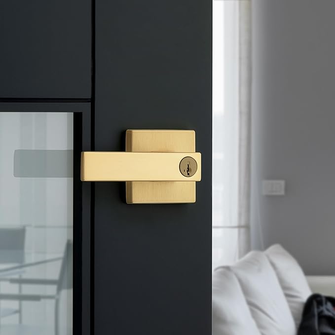 Kwikset Singapore Entry Door Handle with Lock and Key, Secure Keyed Reversible Lever Exterior, for Front Entrance and Bedrooms, Satin Brass, Pick Resistant Smartkey Rekey Security and Microban