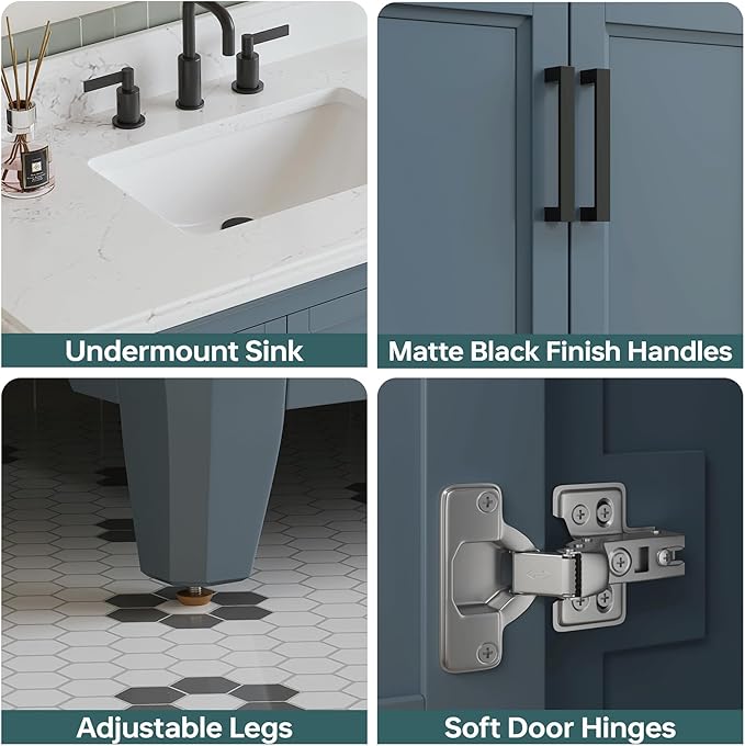 42 Inch Bathroom Vanity with Sink, Fully Assembled Solid Wood Frame Bathroom Vanities with 2 Soft Closing Doors, 3 Full Extension Dovetail Drawers, Quartz Top, Steel Blue