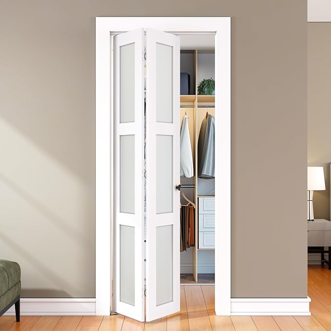 SMARTSTANDARD Bifold Door for 28" x 80-3/4" Opening, Tempered Frosted Glass | Closet Folding Doors with Hardware kit Included, White, Water-Proof PVC Surface, Easy Install, Space-Saving