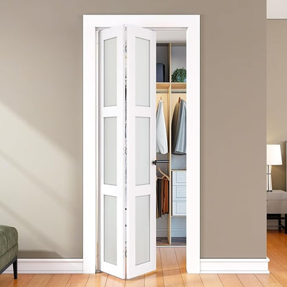 SMARTSTANDARD Bifold Door for 28" x 80-3/4" Opening, Tempered Frosted Glass | Closet Folding Doors with Hardware kit Included, White, Water-Proof PVC Surface, Easy Install, Space-Saving