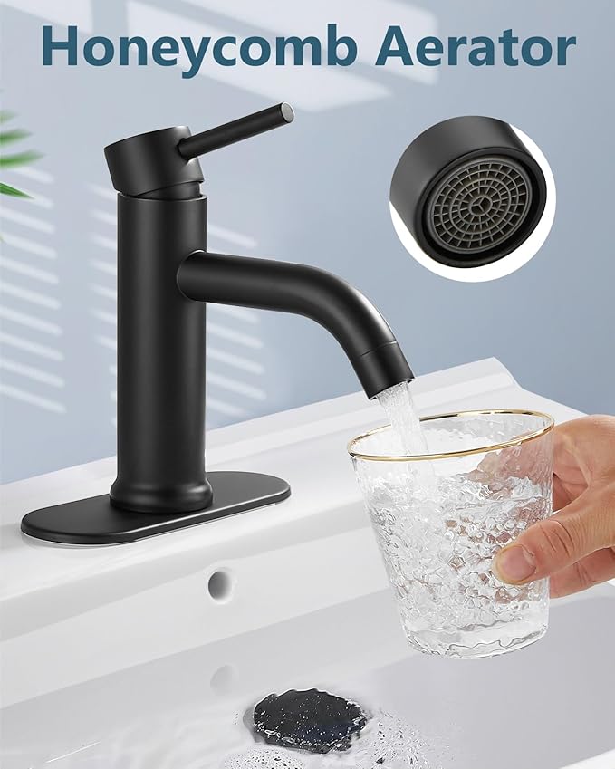 Aolemi Bathroom Faucet Single Hole,Single Handle Bathroom Sink Faucet with Supply Lines,with Pop Up Drain Assembly and Deck Plate,Matte Black