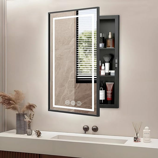 LED Medicine Cabinet Mirror for Bathroom 16x24 Inch, Recessed Medicine Cabinets with Lights, Black Anti-Fog Bathroom Mirror with Storage, Removable 2 Shelves, Adjustable 3 Colors