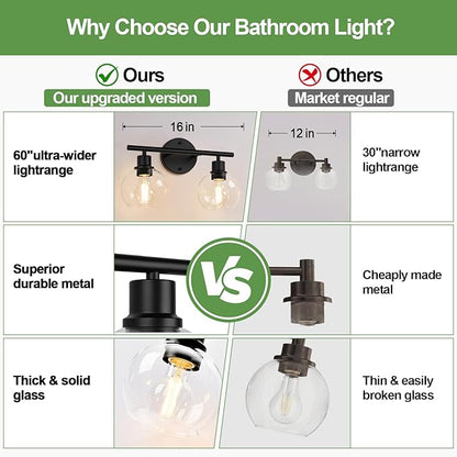 2-Light Bathroom Vanity Light, Matte Black Bathroom Light Fixture Over Mirror with Clear Glass Globe Shades, Modern Farmhouse Wall Sconce for Bathroom, Kitchen, Bedroom, Hallway