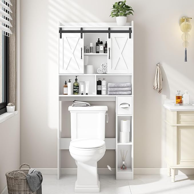 Vabches Over The Toilet Storage Cabinet with Sliding Doors, White | Farmhouse Storage Cabinet Over Toilet, Home Space-Saving Toilet Rack, Toilet Paper Holder Stand,for Restroom,Bathroom,Laundry