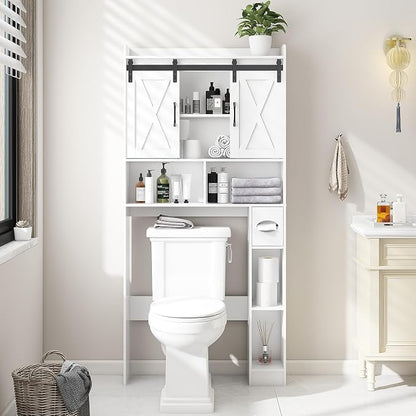 Vabches Over The Toilet Storage Cabinet with Sliding Doors, White | Farmhouse Storage Cabinet Over Toilet, Home Space-Saving Toilet Rack, Toilet Paper Holder Stand,for Restroom,Bathroom,Laundry