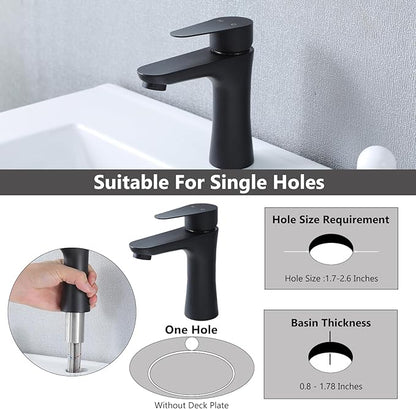 VAPSINT Black Bathroom Faucet 1 Hole, Matte Black Single Handle Bathroom Sink Faucet, Single Hole Stainless Steel Modern Vanity Faucets for Vessel RV with Water Supply Hoses and Pop Up Drain