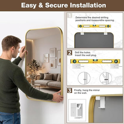 24"x30" Bruhed Gold Rectangle Vanity Bathroom Mirror, Set of 2 | Aluminum Alloy Frame, Clear Reflection, Rust-Resistant, Vertical or Horizontal, Wall Mount, Bedroom and Entryway