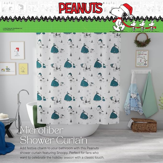 Peanuts Snoopy Puffer Coat Holiday Christmas Bath Microfiber Shower Curtain, 72x72, (Officially Licensed Product) by Franco