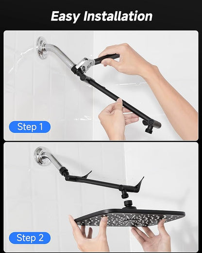 Veken 11.8" Black Rain Shower Head with 11" Stainless Steel Exension Arm | Rectangular Rainfall Showerheads, Height & Angle Decor Adjustable, High Pressure Shower Heads, Bathroom Accessories