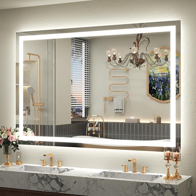 50x40 LED Lighted Bathroom Mirror for Vanity Wall | Front Light and Backlit, Anti-Fog, Memory, 3 Color, Tempered Glass, Dimmable, Rectangular, UL, Horizontal/ Vertical Mounted