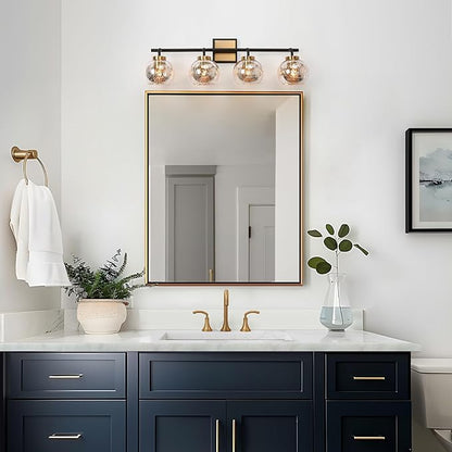 KSANA Black Gold Vanity Light, Modern 4-Light Bathroom Light Fixture with Mercury Glass Shade, Electroplating Brass 29.5”L Globe Vanity Lighting Over Mirror