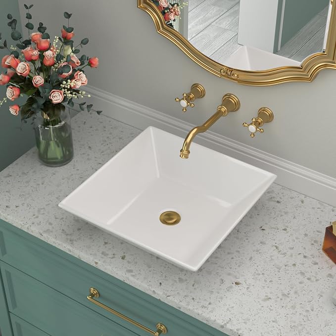 Square Bathroom Vessel Sink | Beslend 16"x16" Inch White Ceramic Porcelain Sink Above Counter Art Sink Basin