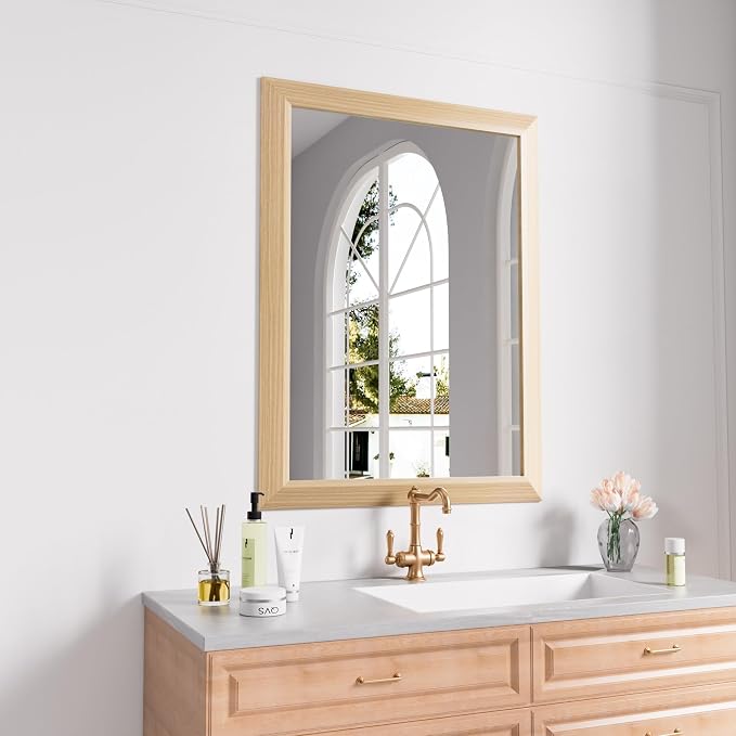 Bathroom Mirror, 28" X36" (Oak Wood Grain) | Metal Frame Mirror for Wall, HD Reflection, Anti-Rust, Horizontally/Vertically, Suitable for Bathroom, Farmhouse, Entryway