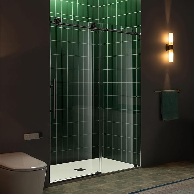 Woodbridge 57.5-60" W x 80" H Frameless Single Sliding Soft-Close Shower Door with Tempered Glass & Explosion Proof Film in Matte Black Finish