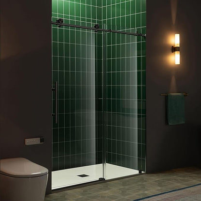 Woodbridge 57.5-60" W x 80" H Frameless Single Sliding Soft-Close Shower Door with Tempered Glass & Explosion Proof Film in Matte Black Finish