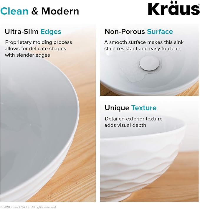 KRAUS Viva™ Round White Porcelain Ceramic Vessel Bathroom Sink, 16 1/2 in. D x 5 1/2 in. H, KCV-200GWH