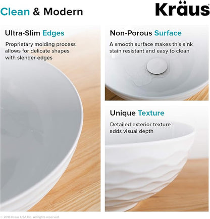 KRAUS Viva™ Round White Porcelain Ceramic Vessel Bathroom Sink, 16 1/2 in. D x 5 1/2 in. H, KCV-200GWH
