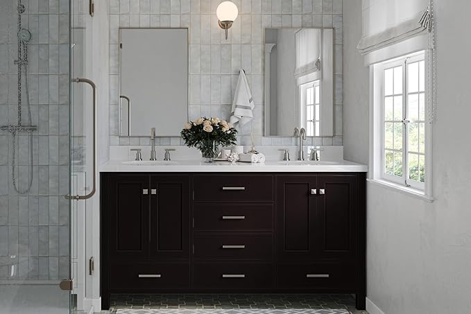 ARIEL Cambridge 66-inch Bathroom Vanity with Sink,Solid Wood, 1.5-inch Pure White Quartz Countertop & Backsplash, Double Oval Porcelain Sink, 4 Soft Closing Doors, 6 Dovetail Drawers, Espresso