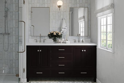 ARIEL Cambridge 66-inch Bathroom Vanity with Sink,Solid Wood, 1.5-inch Pure White Quartz Countertop & Backsplash, Double Oval Porcelain Sink, 4 Soft Closing Doors, 6 Dovetail Drawers, Espresso