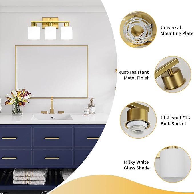 WILON 3-Light Brushed Gold Bathroom Lighting Fixtures Over Mirror, Modern Vanity Light with Milk White Glass Shades, Antique Brass Wall Lamp with E26 Bases
