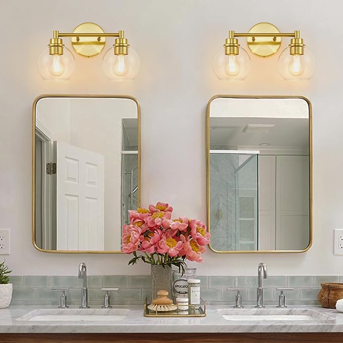 Bathroom Light Fixtures, Vanity Lights for Bathroom 2-Light Gold, Bathroom Lighting Fixtures Over Mirror with Clear Glass Globe Shade, Bathroom Vanity Light for Living Room Kitchen Bedroom Hallway