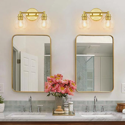 Bathroom Light Fixtures, Vanity Lights for Bathroom 2-Light Gold, Bathroom Lighting Fixtures Over Mirror with Clear Glass Globe Shade, Bathroom Vanity Light for Living Room Kitchen Bedroom Hallway