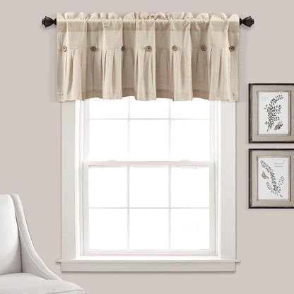 Lush Decor Linen Button Farmhouse Valance Curtians Dark Linen,Valances for Windows - Kitchen Curtains Valances - Bathroom Curtain, 52" W x 18" L (Pack of 12)