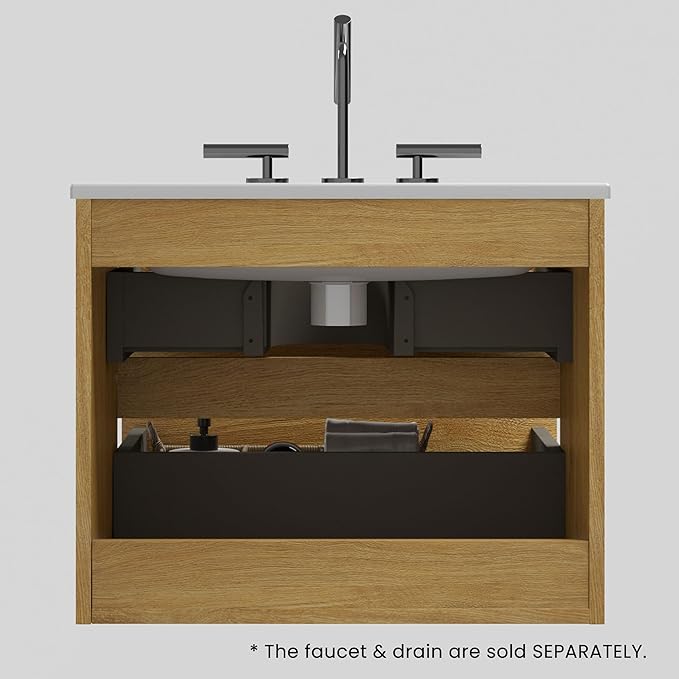 24" Bathroom Vanity with Sink, Modern Floating Vanity with Double Soft Closing Drawers, Large Storage for Small Space, Natural Oak, Fully Assembled - Iris Collection