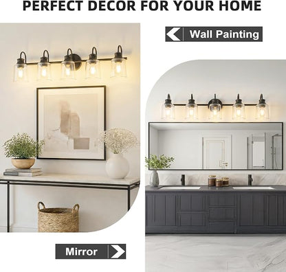 5 Lights Bathroom Light Fixtures Modern Black Vanity Lights | ETL Certificate, Easy to Install,Wall Mount Up or Down,Thickened Glass Lampshade,E26 Socket,Hardwired