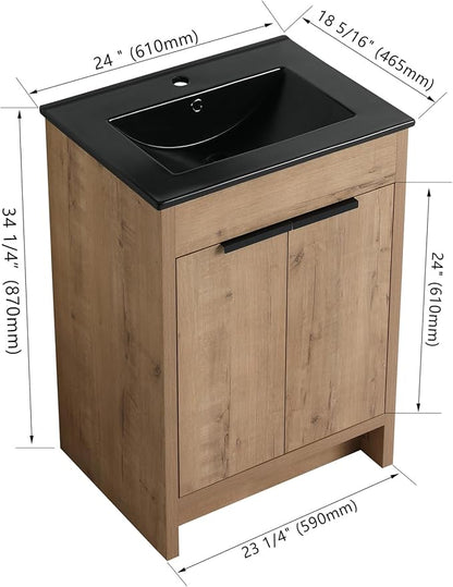 SSLine 24-Inch Bathroom Vanity with Sink Mid-Century Bathroom Vanities with Black Top Basin Floor Wood Bathroom Sink Cabinet with Soft-Close Doors & Adjustable Storage Shelves (Natural Brown)