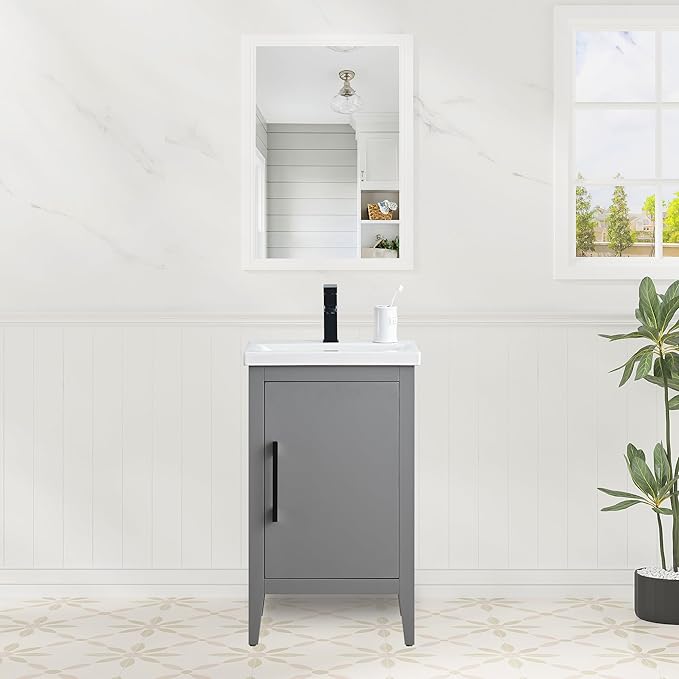 HomeBeyond 20 Inch Bathroom Vanity with Sink & Ceramic Top, Single Vanity Cabinet with Basin, Soft-Closing Doors & Matte Black Hardware, Grey