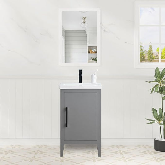 HomeBeyond 20 Inch Bathroom Vanity with Sink & Ceramic Top, Single Vanity Cabinet with Basin, Soft-Closing Doors & Matte Black Hardware, Grey