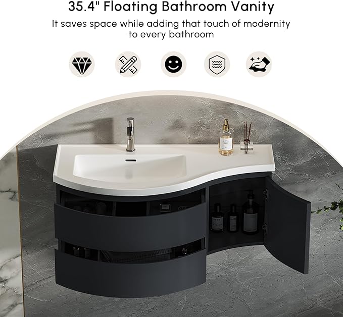 Floating Bathroom Vanity with Sink, 35.4" Modern Curved Bathroom Vanity, Wall Mounted Half-Circle Bathroom Cabinet, White & Black, Left-Hand Sink
