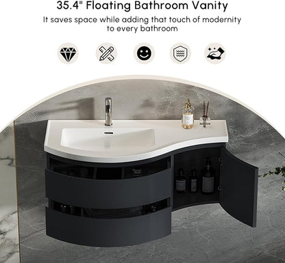 Floating Bathroom Vanity with Sink, 35.4" Modern Curved Bathroom Vanity, Wall Mounted Half-Circle Bathroom Cabinet, White & Black, Left-Hand Sink