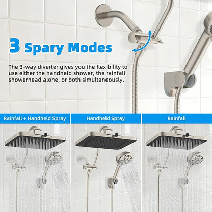 Hibbent 13'' 5-spray Rain Shower Head, 10-Spray Handheld, Brushed Nickel | cUPC Certified High Pressure Dual Showerhead Combo, Upgraded Rainfall Shower Head, 12'' Extension Arm, 71'' Hose & Holder