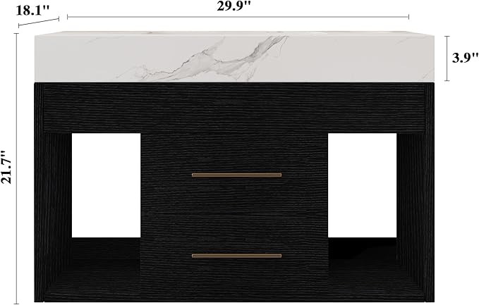 30 inch Modern Floating Bathroom Vanity with Sink, Wall Mounted Bathroom Cabinet with Undermount Ceramic Sink, Sintered Stone Countertop, 2 Soft Closing Drawers & Open Storage Shelf, Black