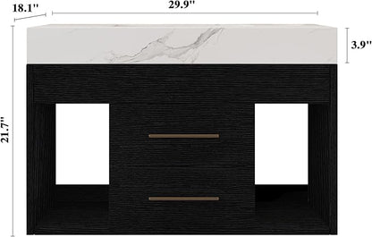 30 inch Modern Floating Bathroom Vanity with Sink, Wall Mounted Bathroom Cabinet with Undermount Ceramic Sink, Sintered Stone Countertop, 2 Soft Closing Drawers & Open Storage Shelf, Black