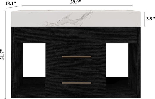 30" Bathroom Vanity with Sink Set, Modern Black Wall Mounted Bathroom Vanity Cabinet with Sintered Stone Top&Gold Handle 2 Drawers&2 Open Storage, Single Sink Floating Bathroom Vanity